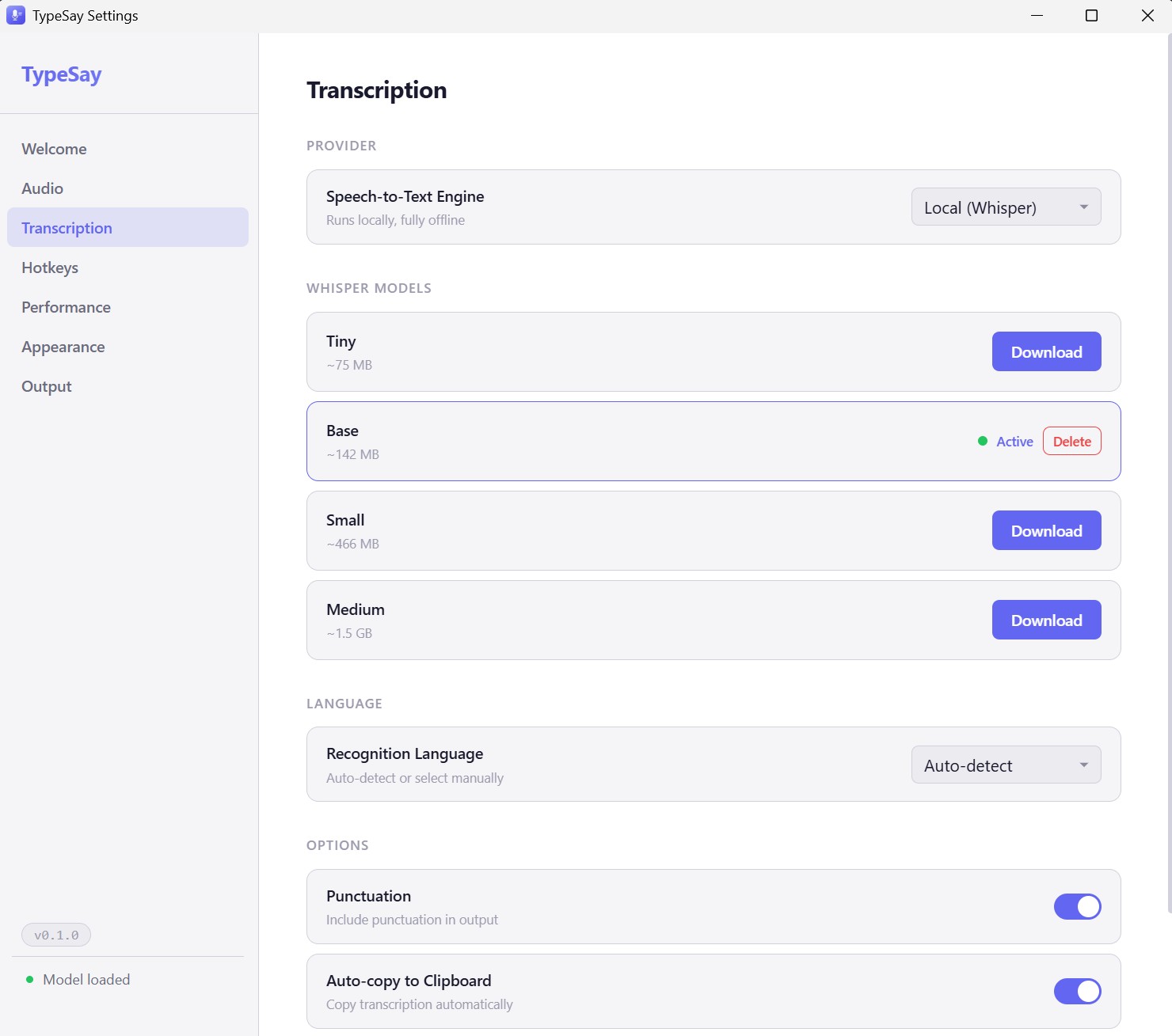 TypeSay model selector showing Tiny, Base, Small, and Medium Whisper models